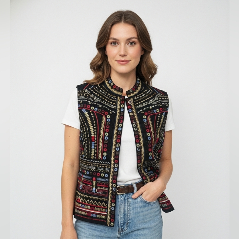Chico's Vest Denim Black Embroidered Boho Festival Grunge (M)